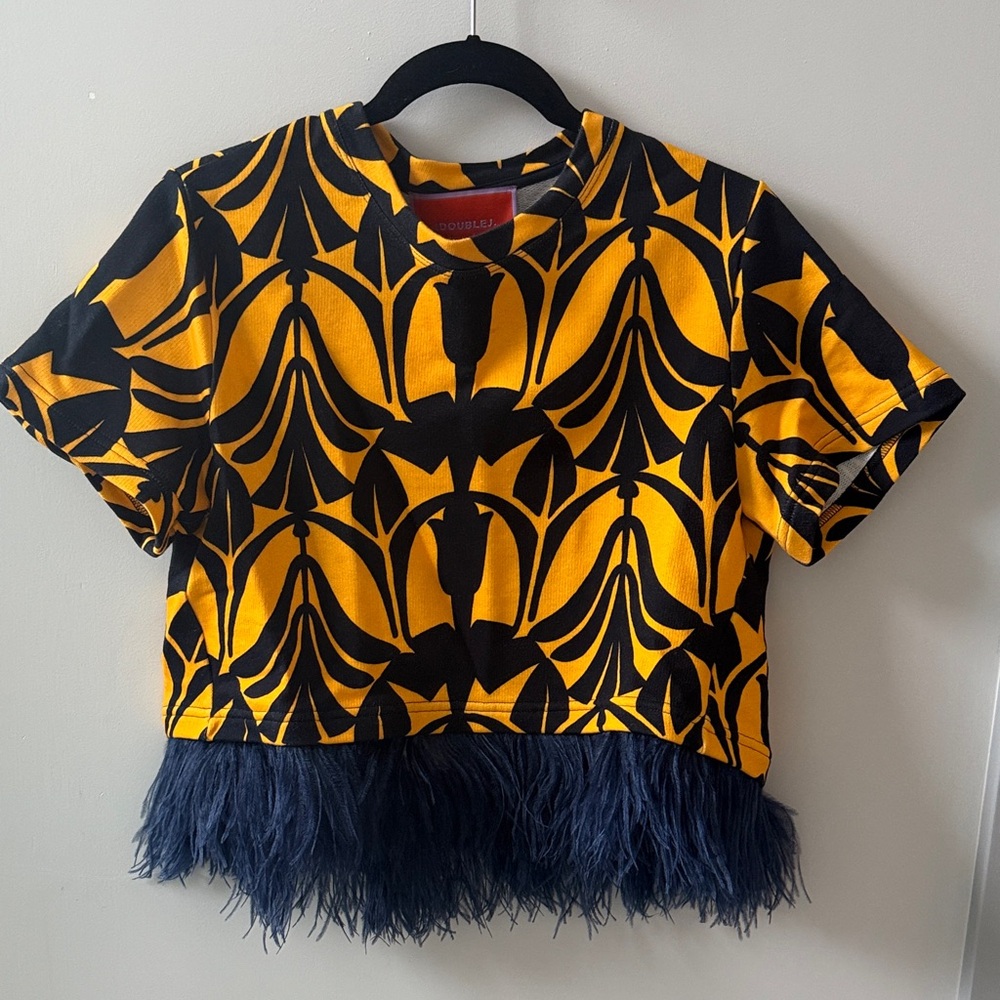 LA DoubleJ Yellow and Black Graphic Tee with Fringe